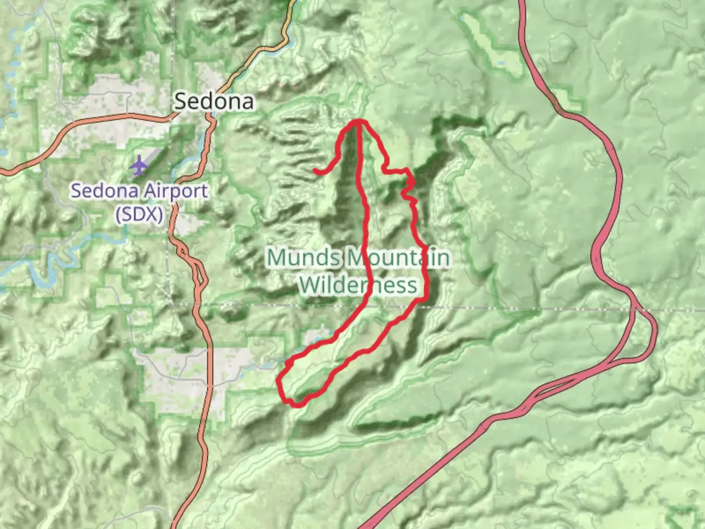 An image depicting the trail Hot Loop A, Horse Mesa and Munds Mountain Trail and its surrounding area.