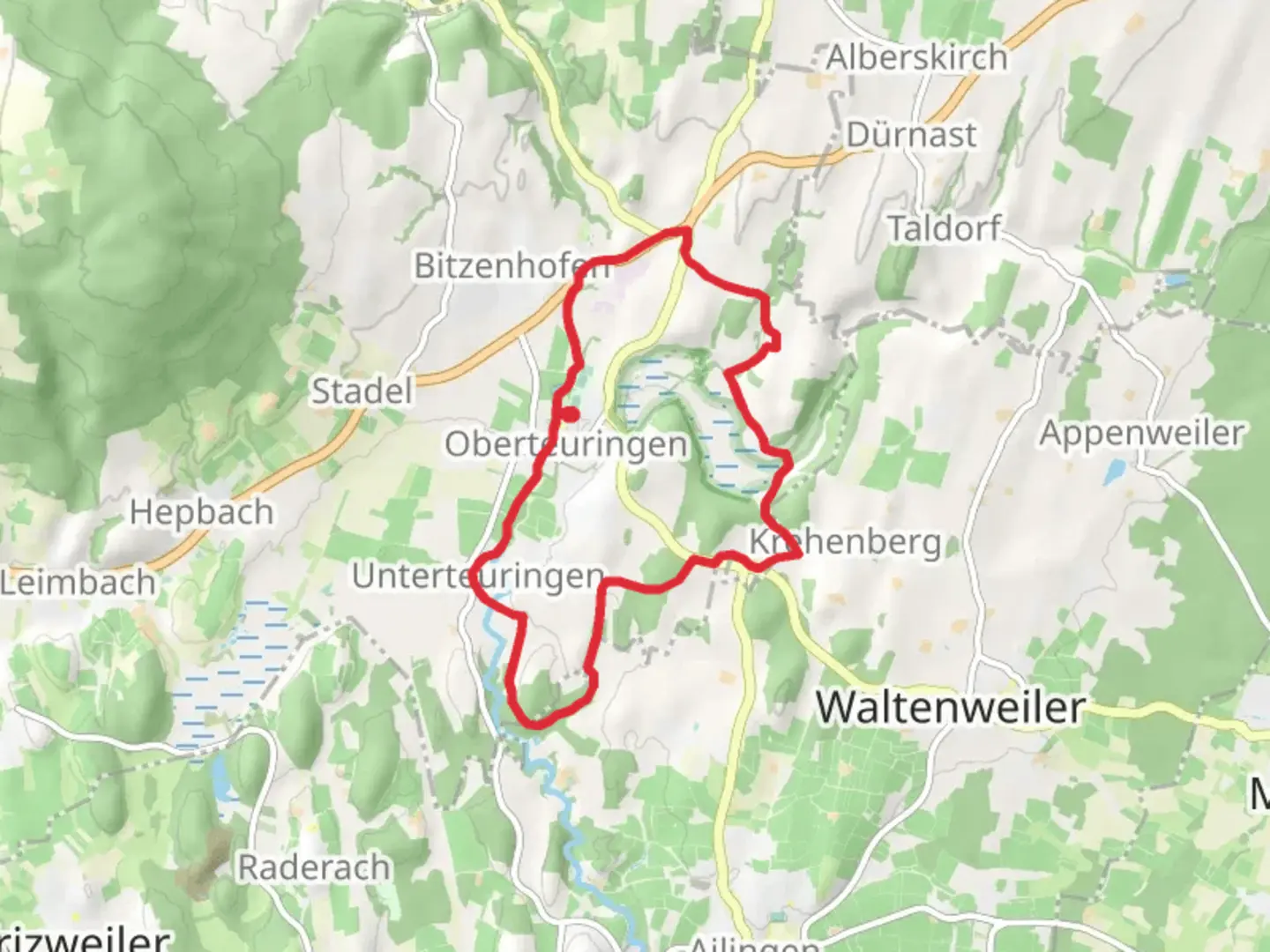 An image depicting the trail Teuringer Baechlepfad and Teuringer Riedweg and its surrounding area.