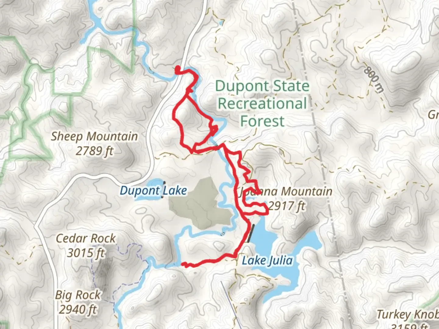 An image depicting the trail Triple Falls Trail and Three Lakes Trail Out and Back and its surrounding area.