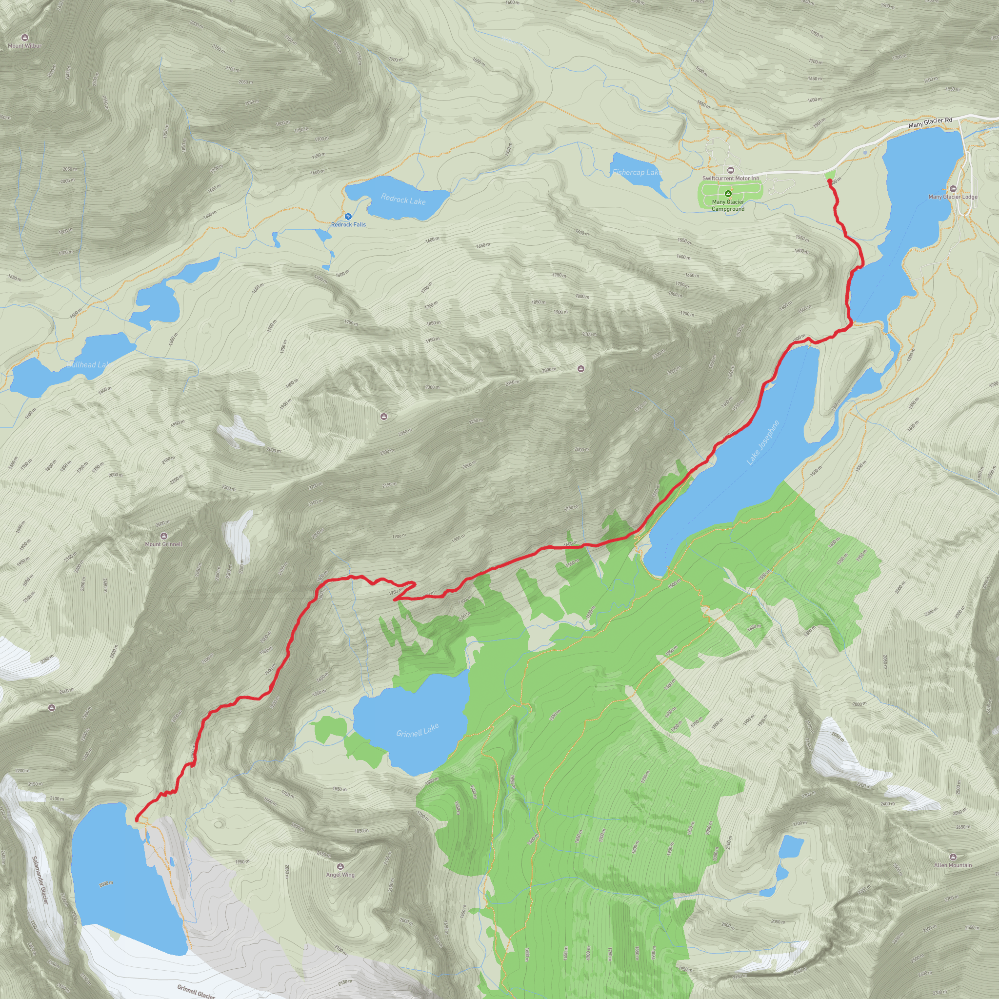 Swiftcurrent, Josephine, Grinnell and Upper Grinnell Lakes mobile static map
