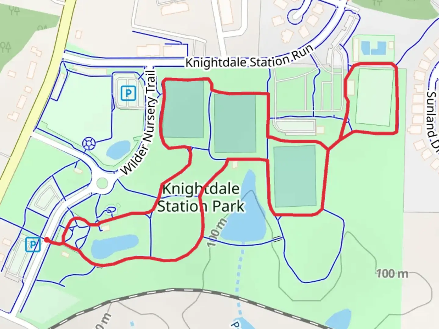An image depicting the trail Knightdale Station Park and its surrounding area.