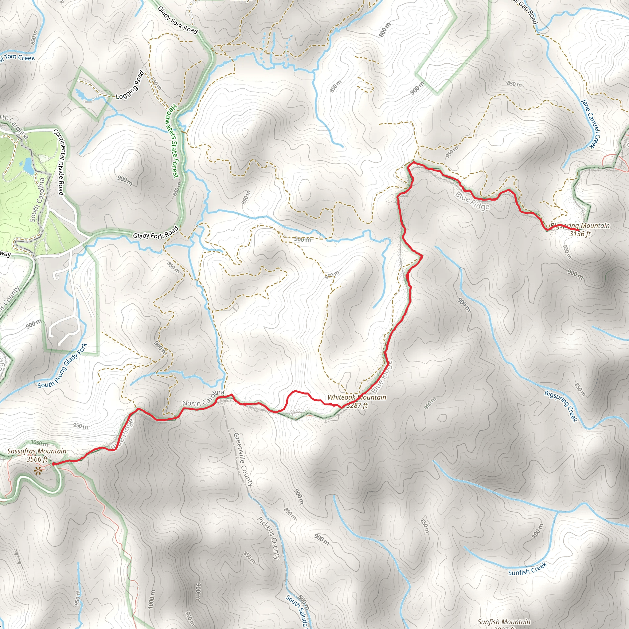 Sassafras Mountain, Whiteoak Mountain and Bigspring Mountain via Foothills Trail mobile static map