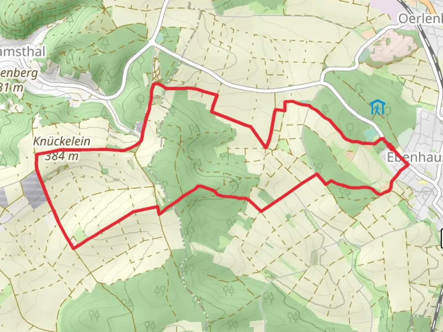 An image depicting the trail Knückelein via Rhoen Rundweg Saaletal and its surrounding area.