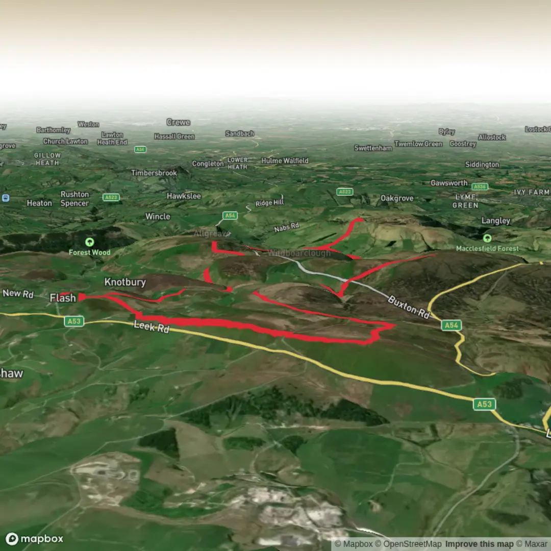 An image depicting the trail Three Shires Head, Shutlingsloe, Danebower and Dane Head Loop and its surrounding area.