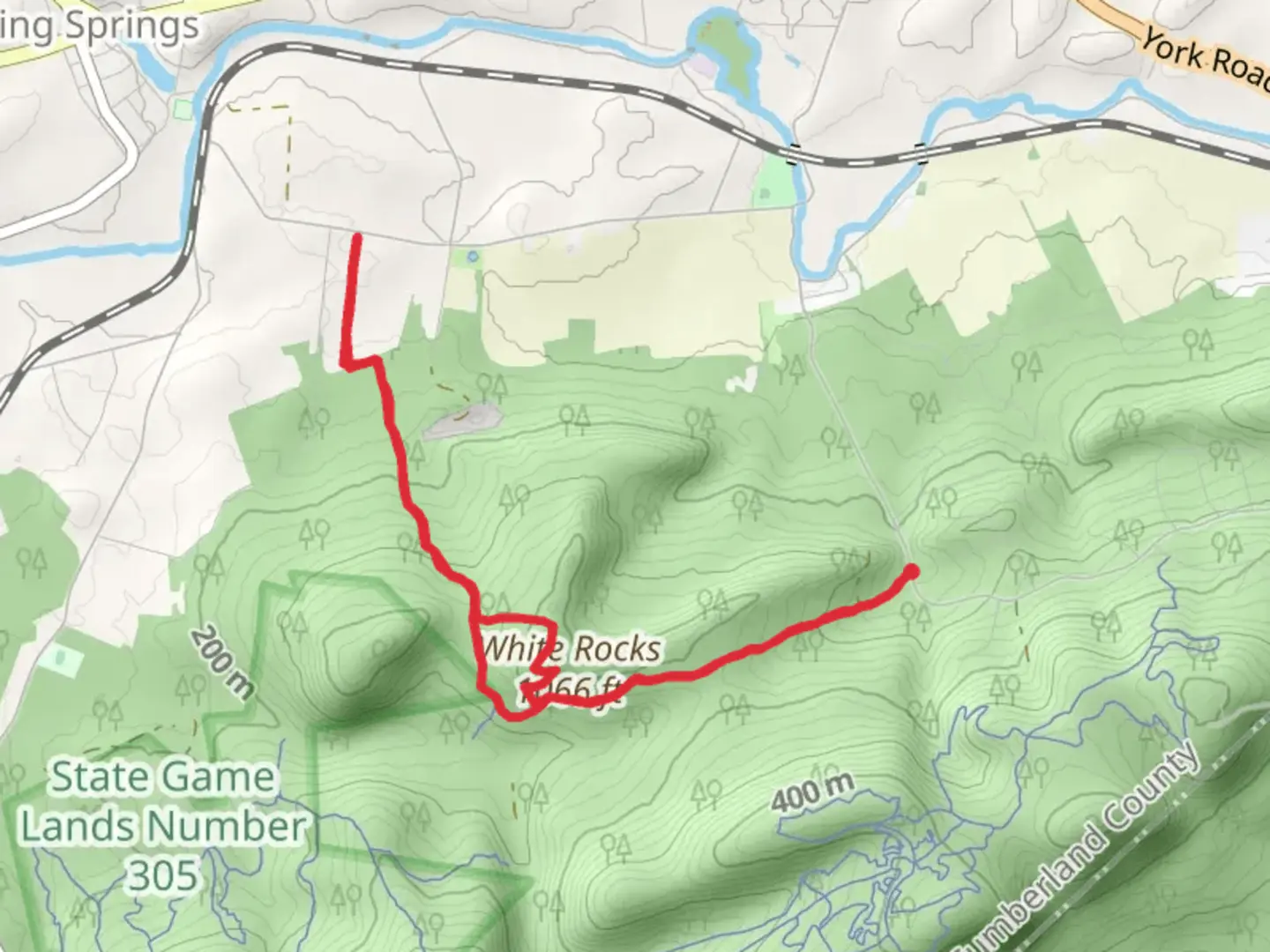 An image depicting the trail White Rocks Summit Loop Trail from Kuhn Road and its surrounding area.