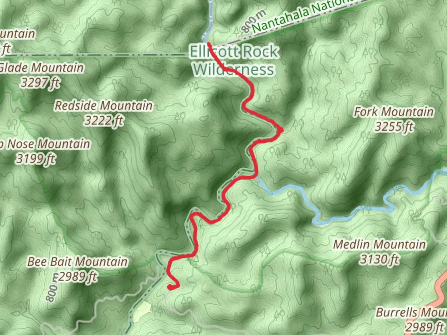 An image depicting the trail Chattooga River Trail from Burrells Ford Road and its surrounding area.