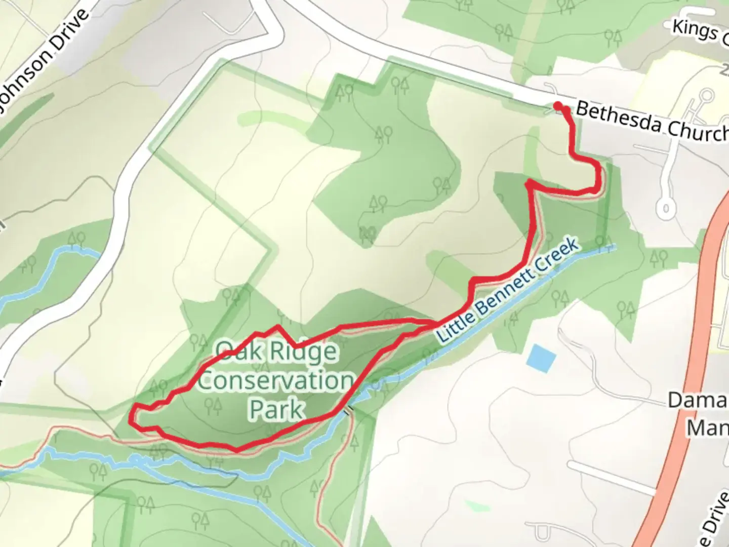 An image depicting the trail Oak Ridge and Bethesda Church Loop Trail and its surrounding area.