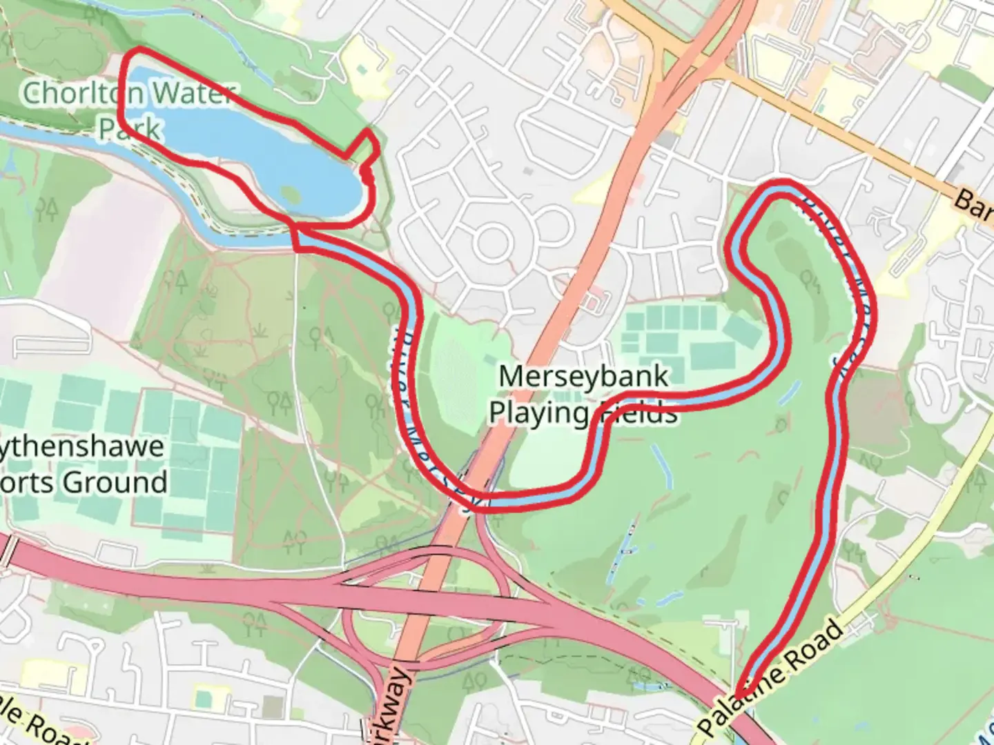 An image depicting the trail Charlton Water Park and River Mersey Loop and its surrounding area.