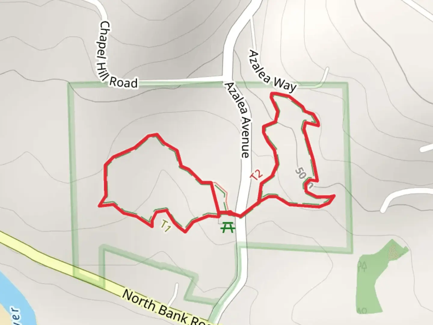 An image depicting the trail Azalea Avenue Loop and its surrounding area.
