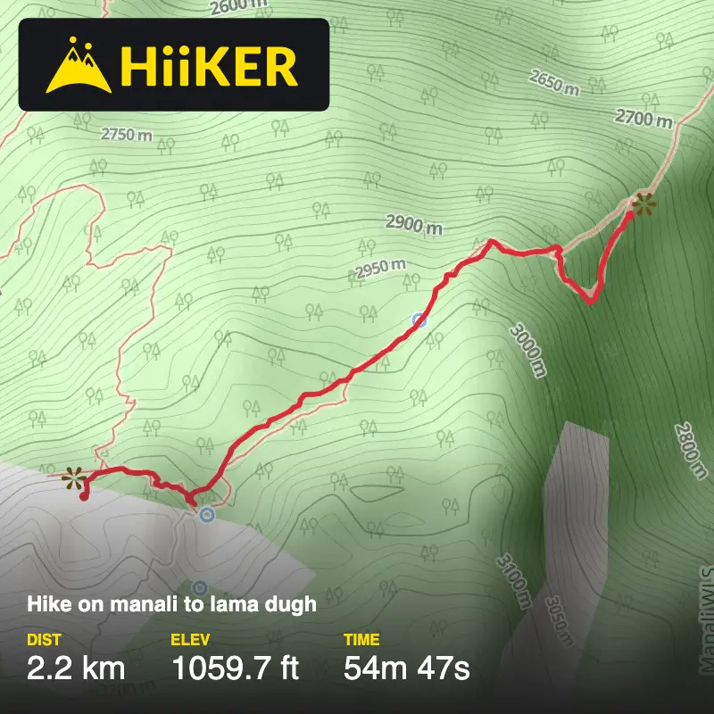 A map preview of the recording Hike on manali to lama dugh.