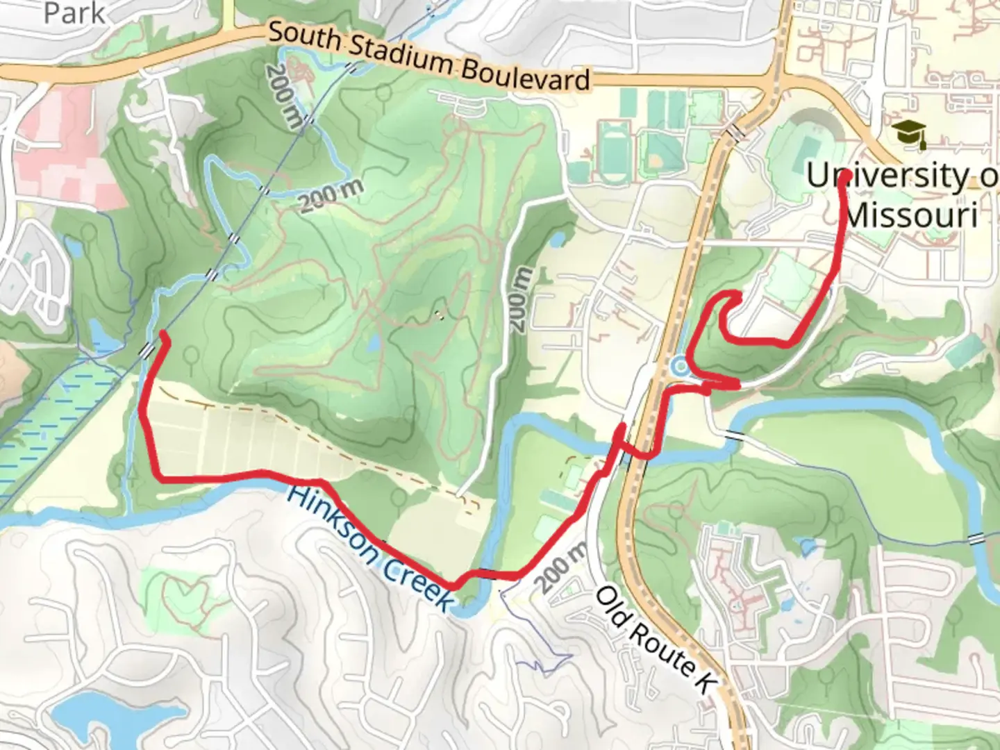 An image depicting the trail Hinkson Creek Trail - Faurot Field and its surrounding area.