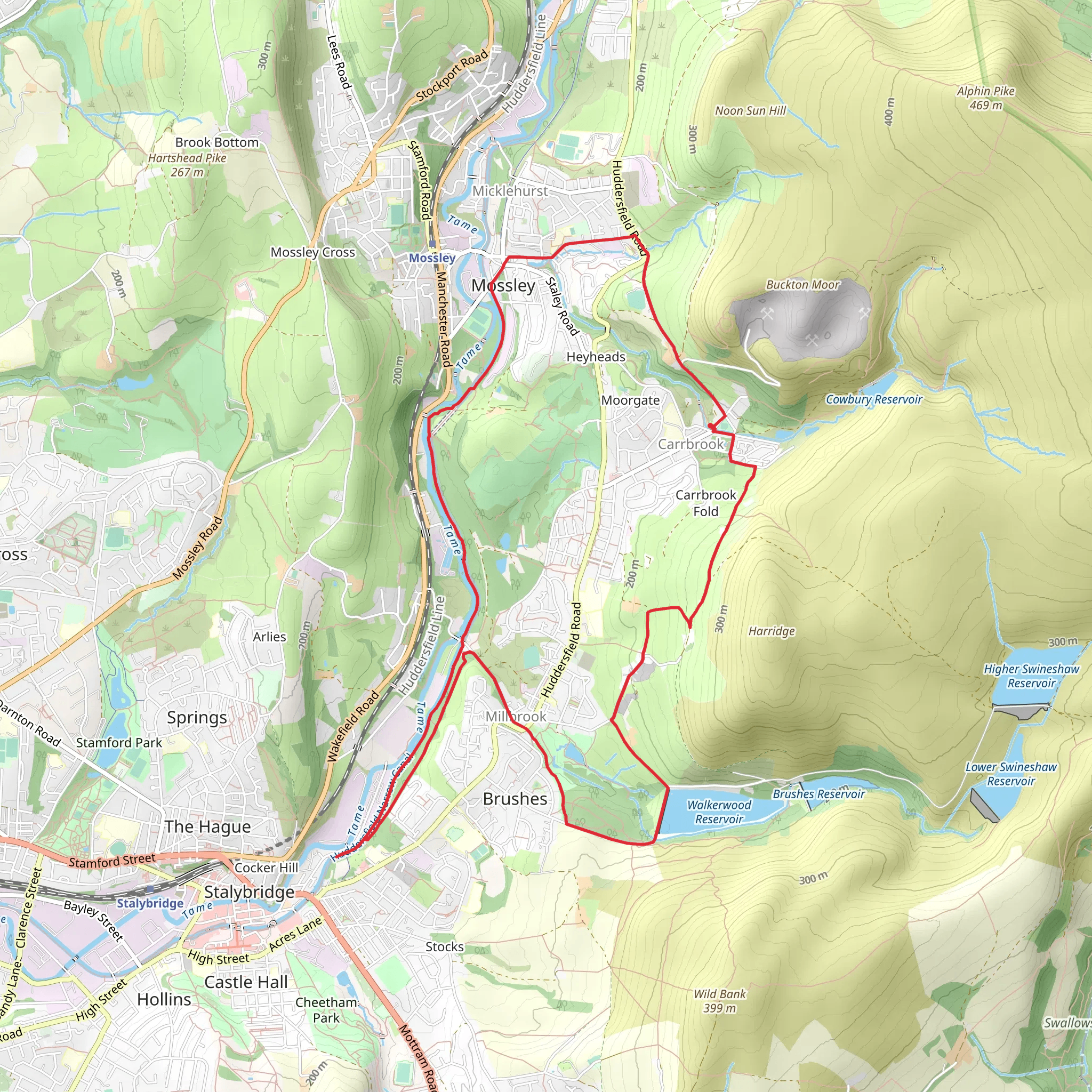 Carrbrook, Mossley and Millbrook Loop via Walkerwood Reservoir mobile static map