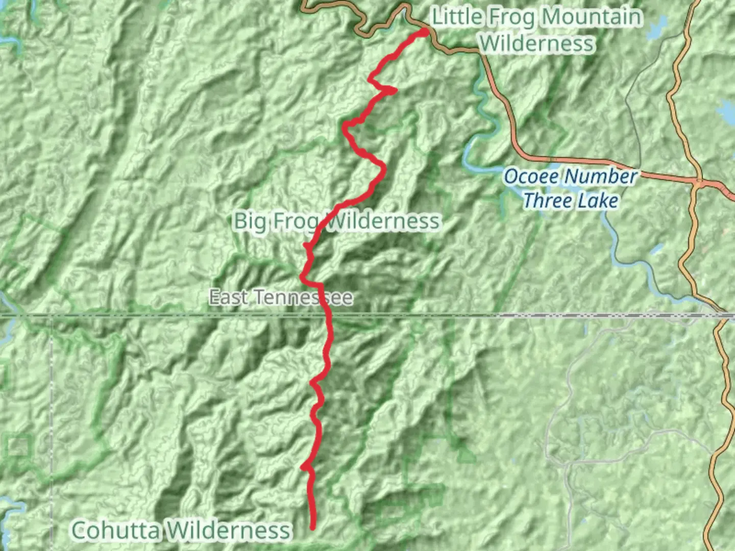 An image depicting the trail Big Frog and Benton MacKaye Trail from Thunder Rock Campground and its surrounding area.