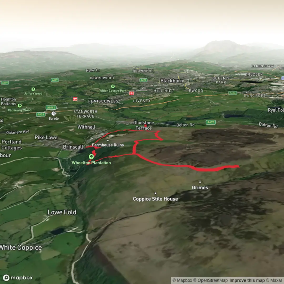 An image depicting the trail Abbey Village Dole land to Drink waters and Wheelton Plantation and its surrounding area.