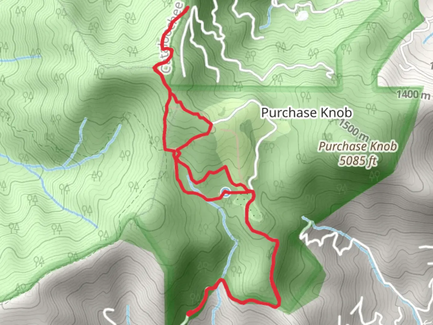 An image depicting the trail Purchase Road, Ferguson Cabin and Cataloochee Divide Loop Trail and its surrounding area.