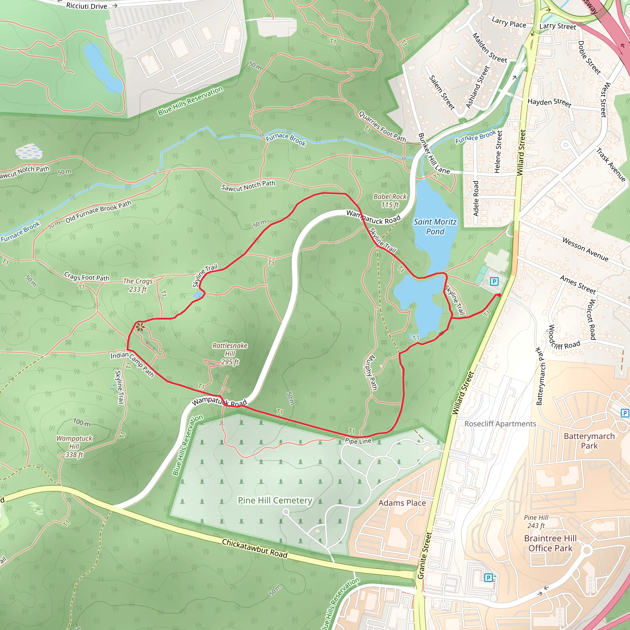 Skyline and Pipe Line Trail Loop from Saint Moritz Pond mobile static map