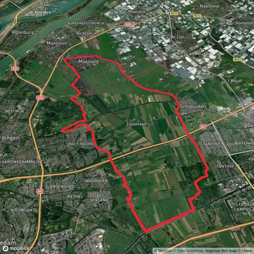 An image depicting the trail Huigenhofpad, Sint Maartensrechtpad, Gaagpad and Fopenpolderpad Loop and its surrounding area.