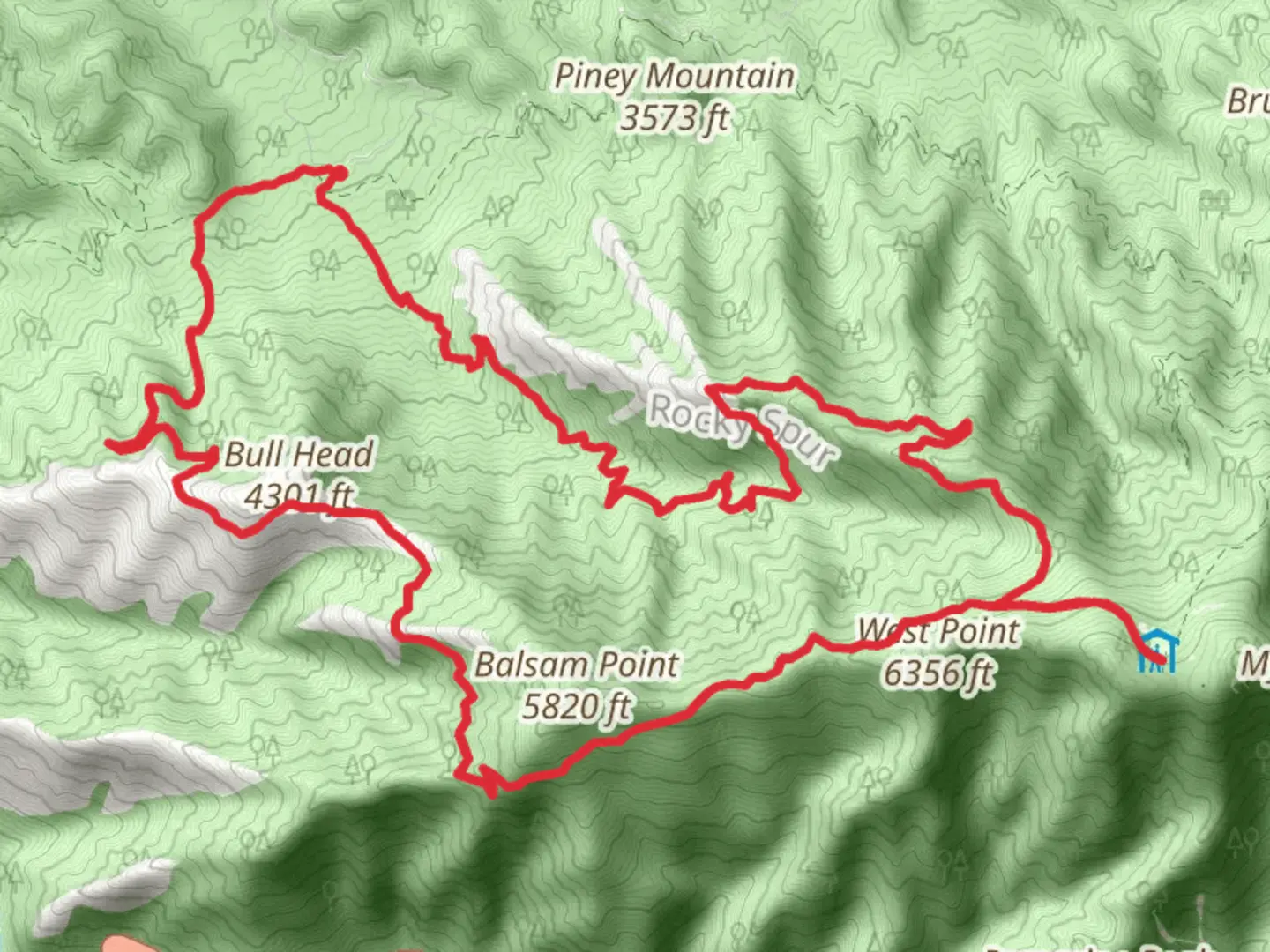 An image depicting the trail Rainbow Falls and Bull Head Loop Trail and its surrounding area.