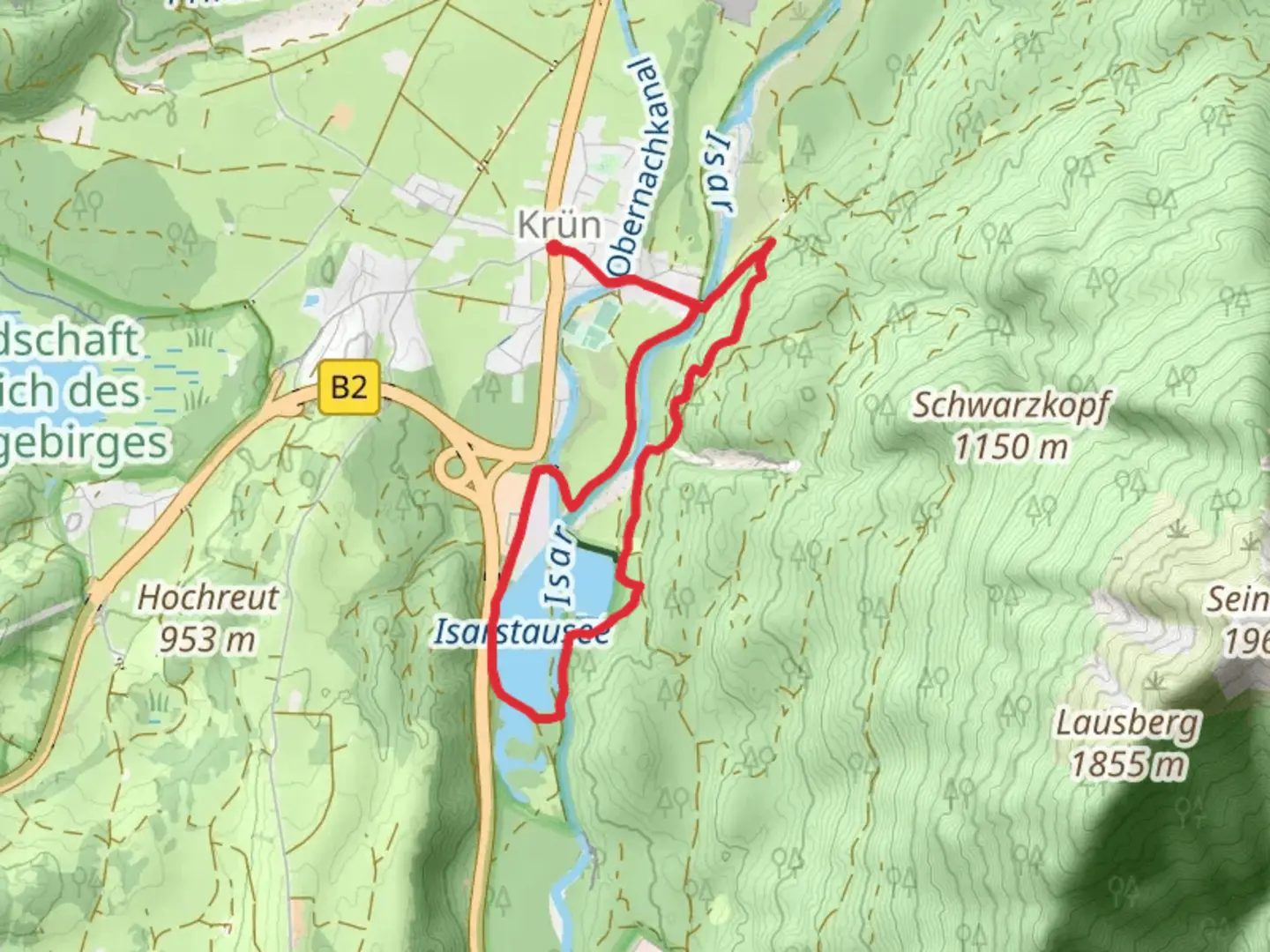 An image depicting the trail Isarstausee Loop via Wanderweg 310 and its surrounding area.