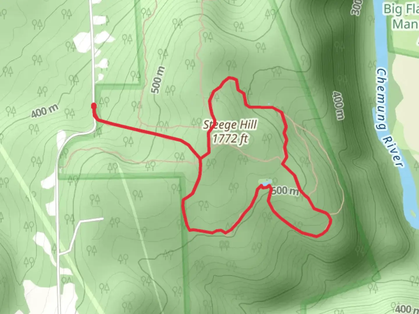 An image depicting the trail Steege Hill Loop from Steege Hill Road and its surrounding area.