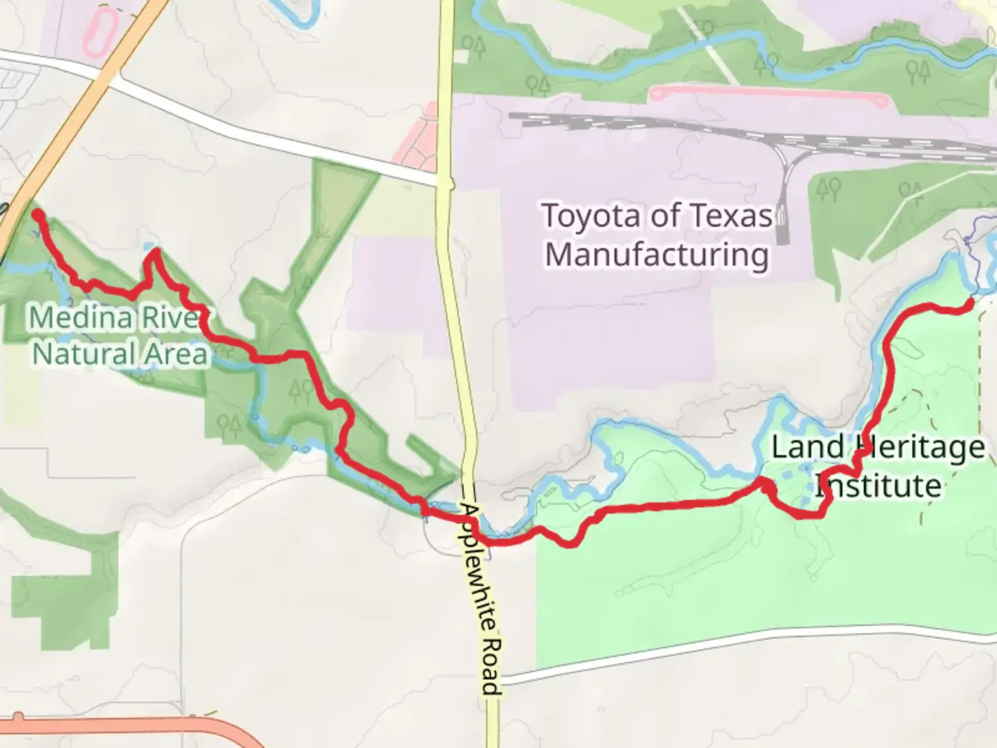 An image depicting the trail Medina River Greenway Trail and its surrounding area.