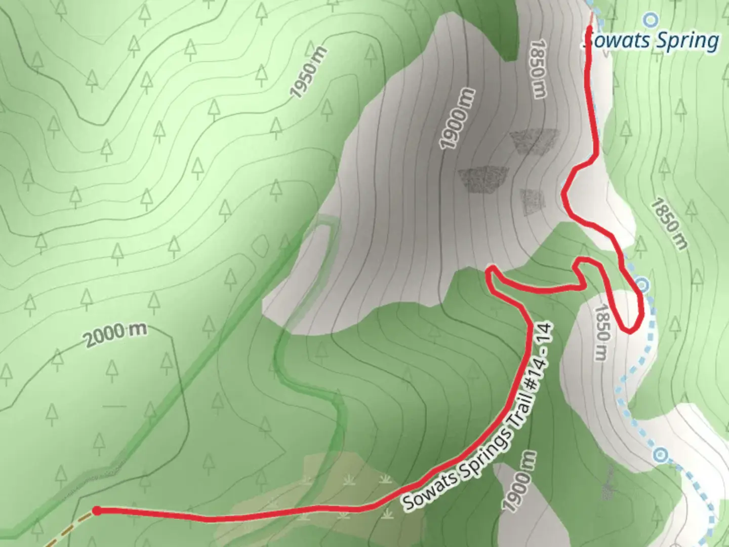 An image depicting the trail Sowats Spring Trail and its surrounding area.