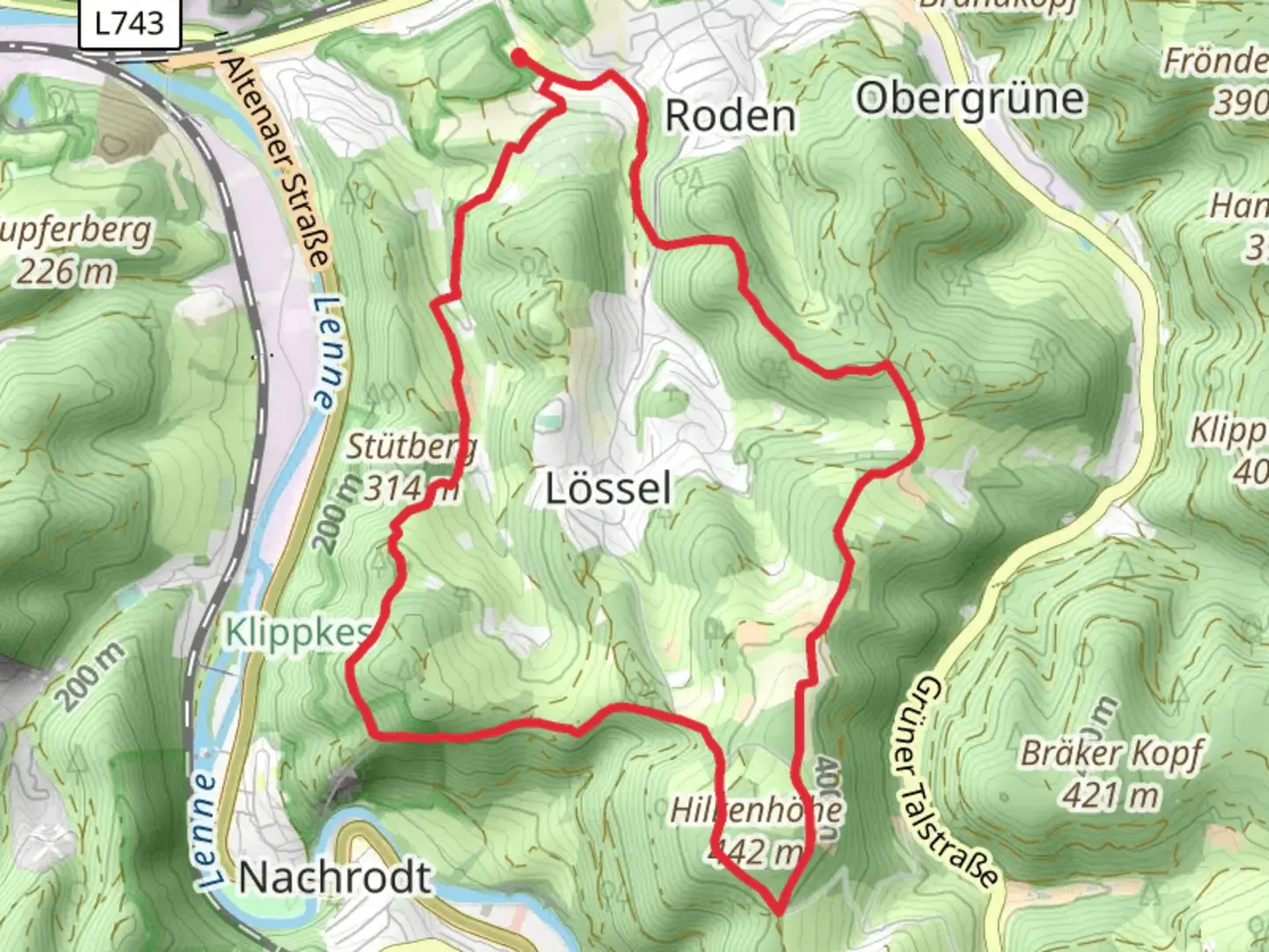 An image depicting the trail Kleingärtnerverein Emberg, Stütberg and Hilkenhöhe Loop via Pillingser Weg and its surrounding area.