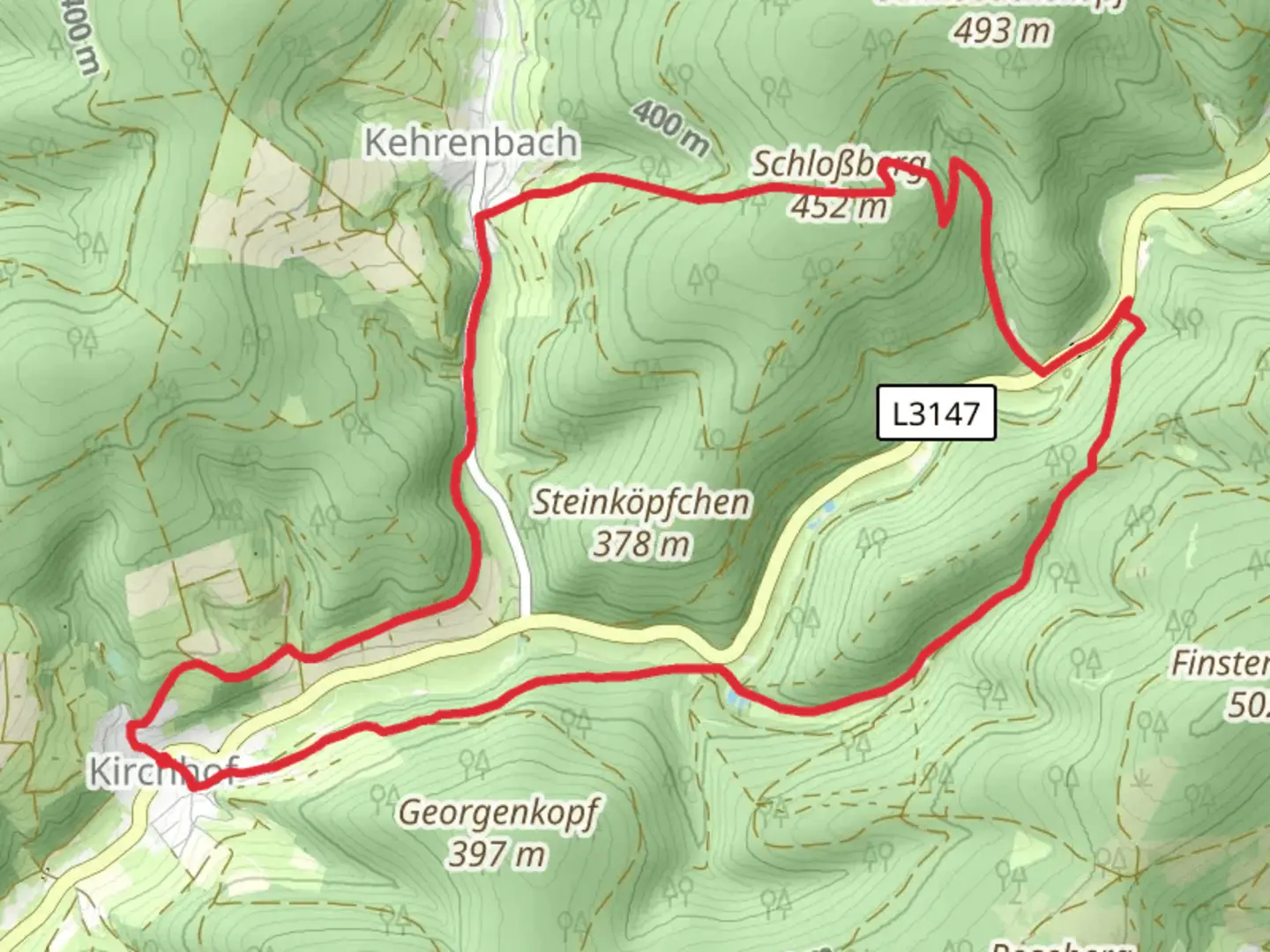 An image depicting the trail Kirchhoefer Rundweg K2 and its surrounding area.