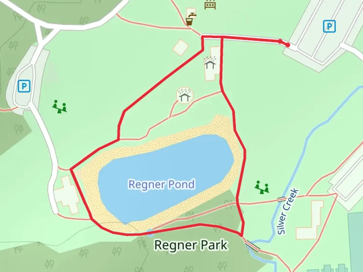 An image depicting the trail Regner Park Loop and its surrounding area.