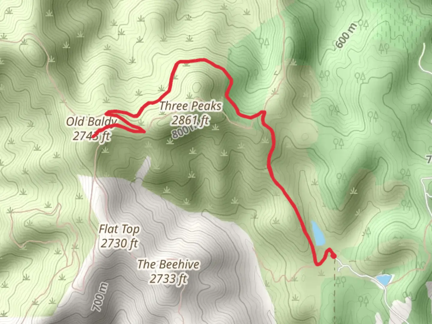 An image depicting the trail Old Baldy via John Hoffnagle Loop and its surrounding area.