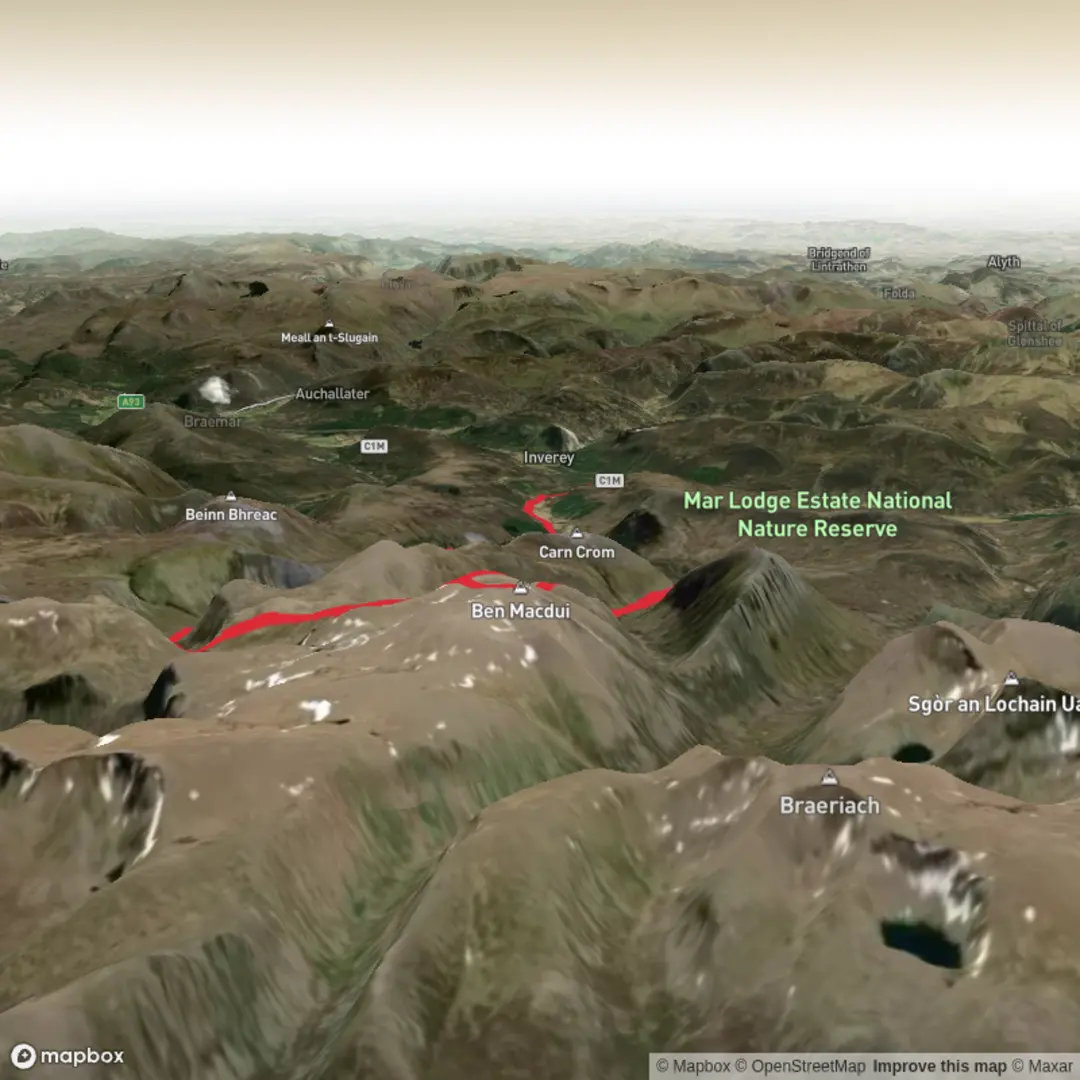 An image depicting the trail Gleann Laoigh Bheag, Sron Riach, Ben Macdui, Loch Etchachan and Glen Derry Loop and its surrounding area.