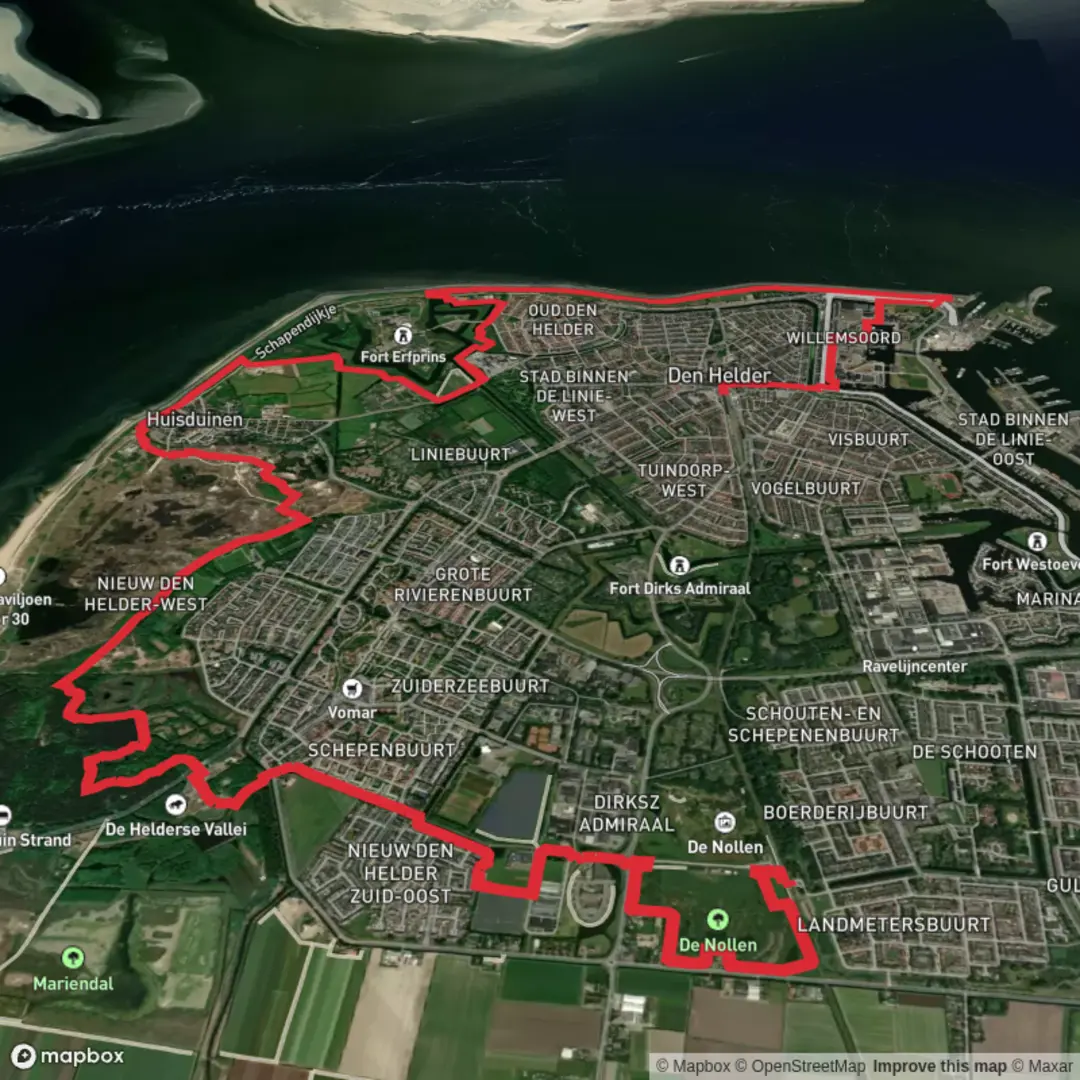 An image depicting the trail Den Helder Zuid to Den Helder via Donkere Duinen and Fort Erfprins and its surrounding area.
