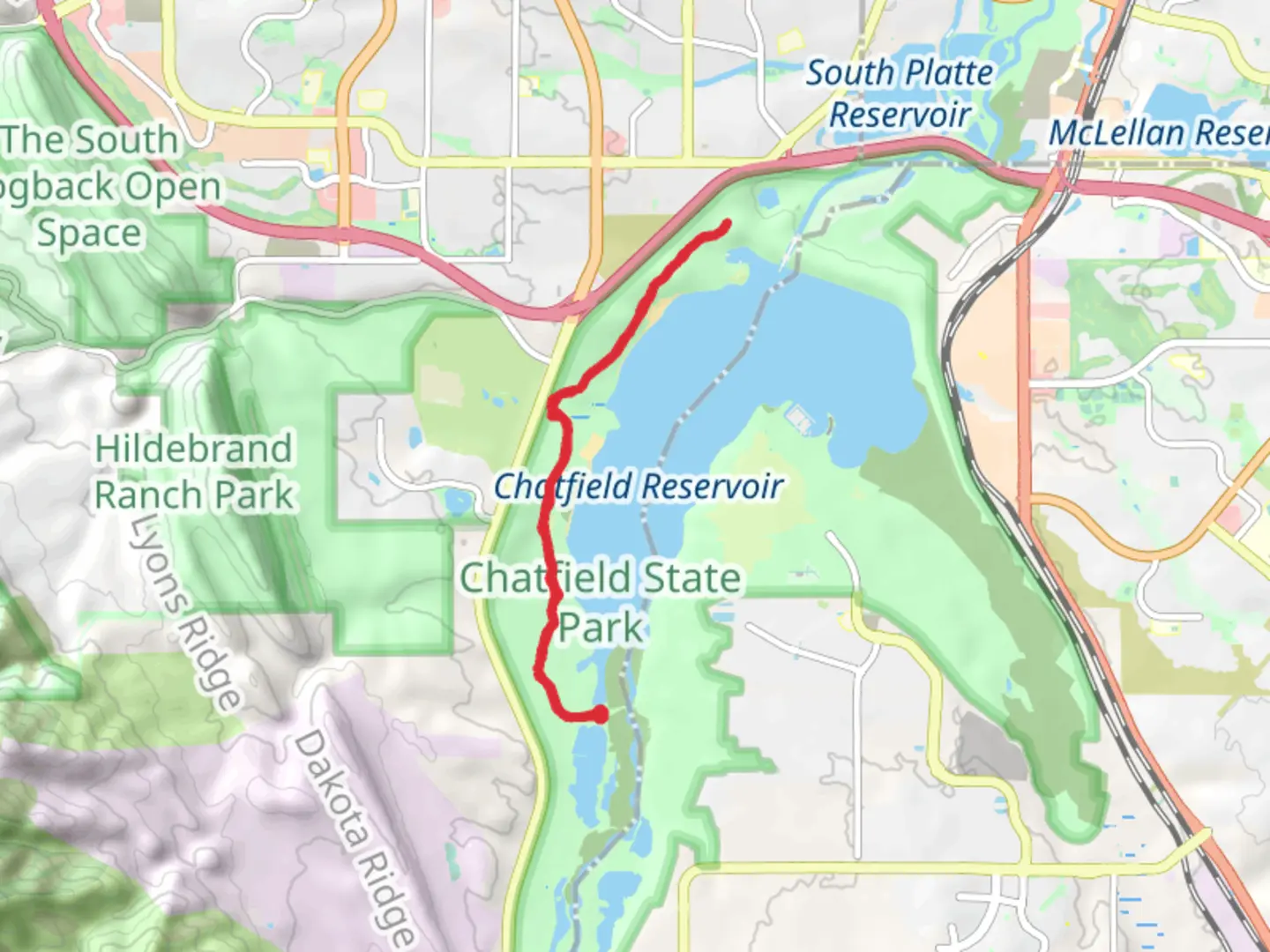 An image depicting the trail Chatfield Reservoir Westside via ADT - Colorado Out and Back and its surrounding area.