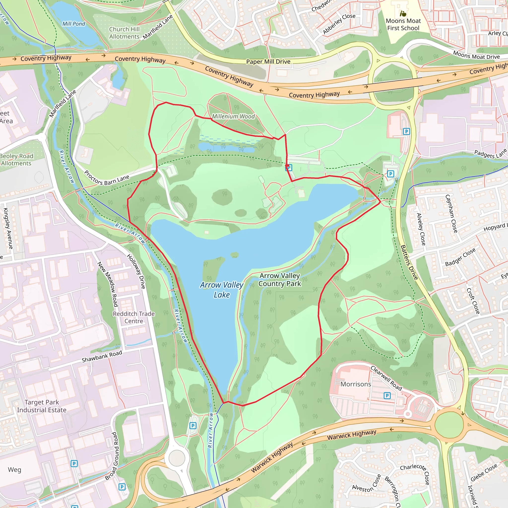 Arrow Valley Country Park and Lake Loop mobile static map