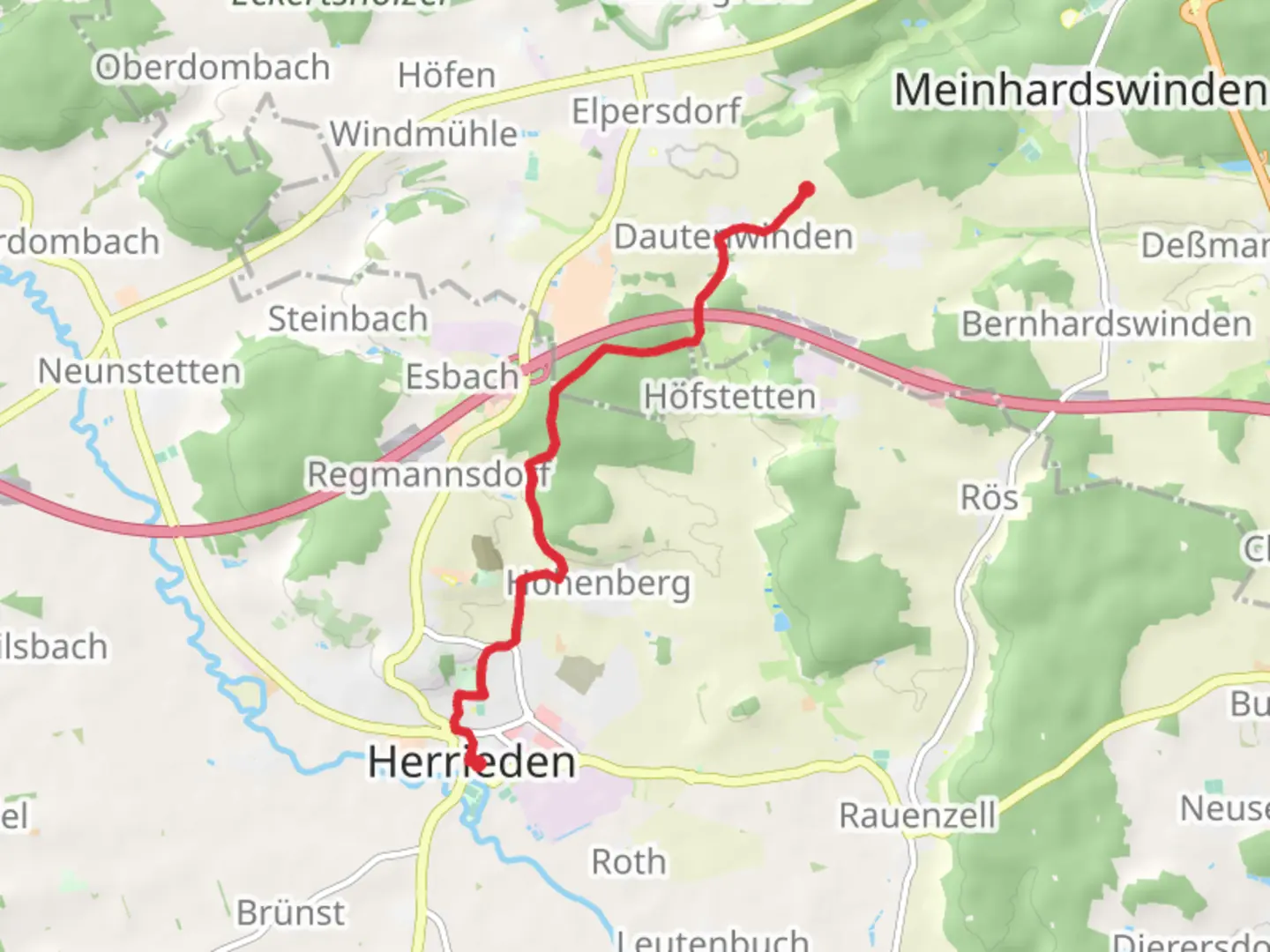 An image depicting the trail Herrieden to Dautenwinden via Eichelberg and its surrounding area.