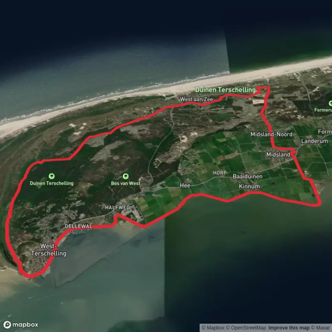 An image depicting the trail Donkere Bos, Badhuiskuil and Terschelling Loop and its surrounding area.