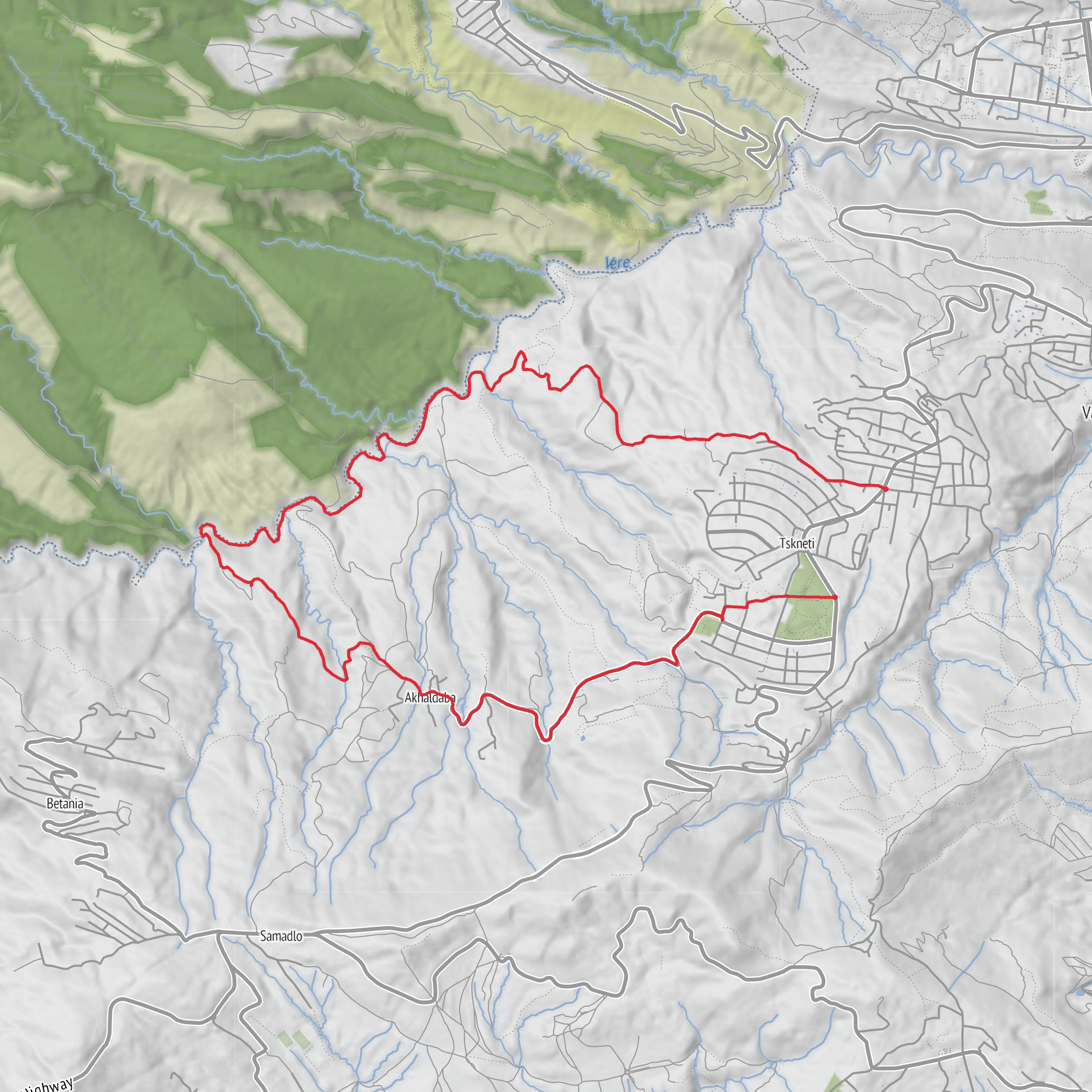 River Vere round route from Tskhneti mobile static map