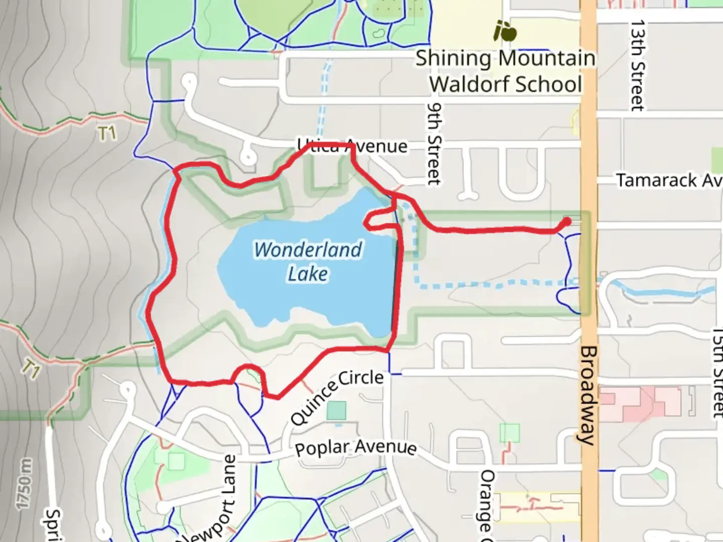 An image depicting the trail Wonderland Lake Loop and its surrounding area.