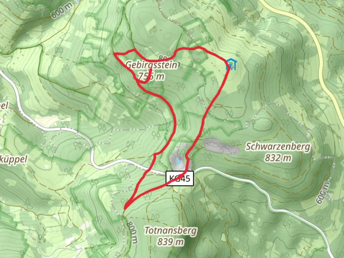 An image depicting the trail Gebirgsstein via Rhoen Hohenweg and Extratour Basaltweg and its surrounding area.