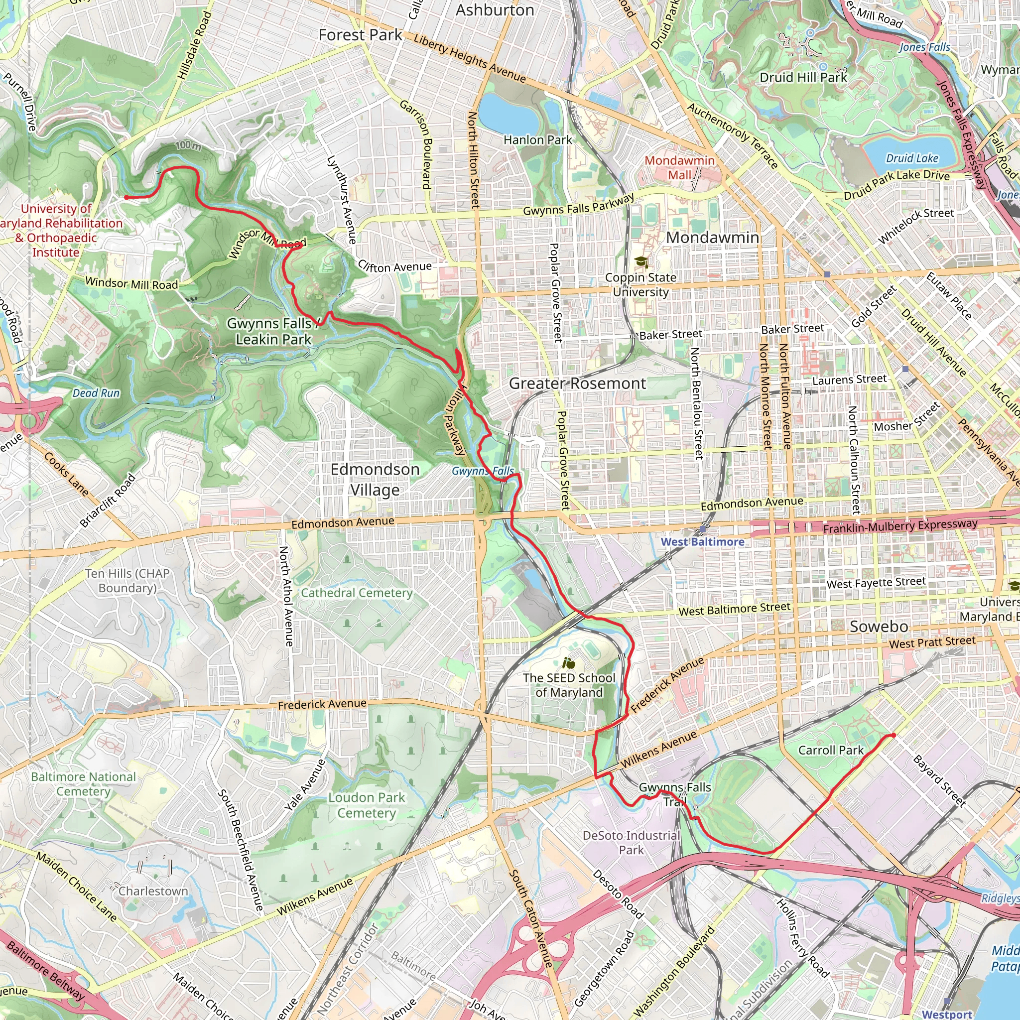 Gwynns Falls Trail via River and Parks mobile static map
