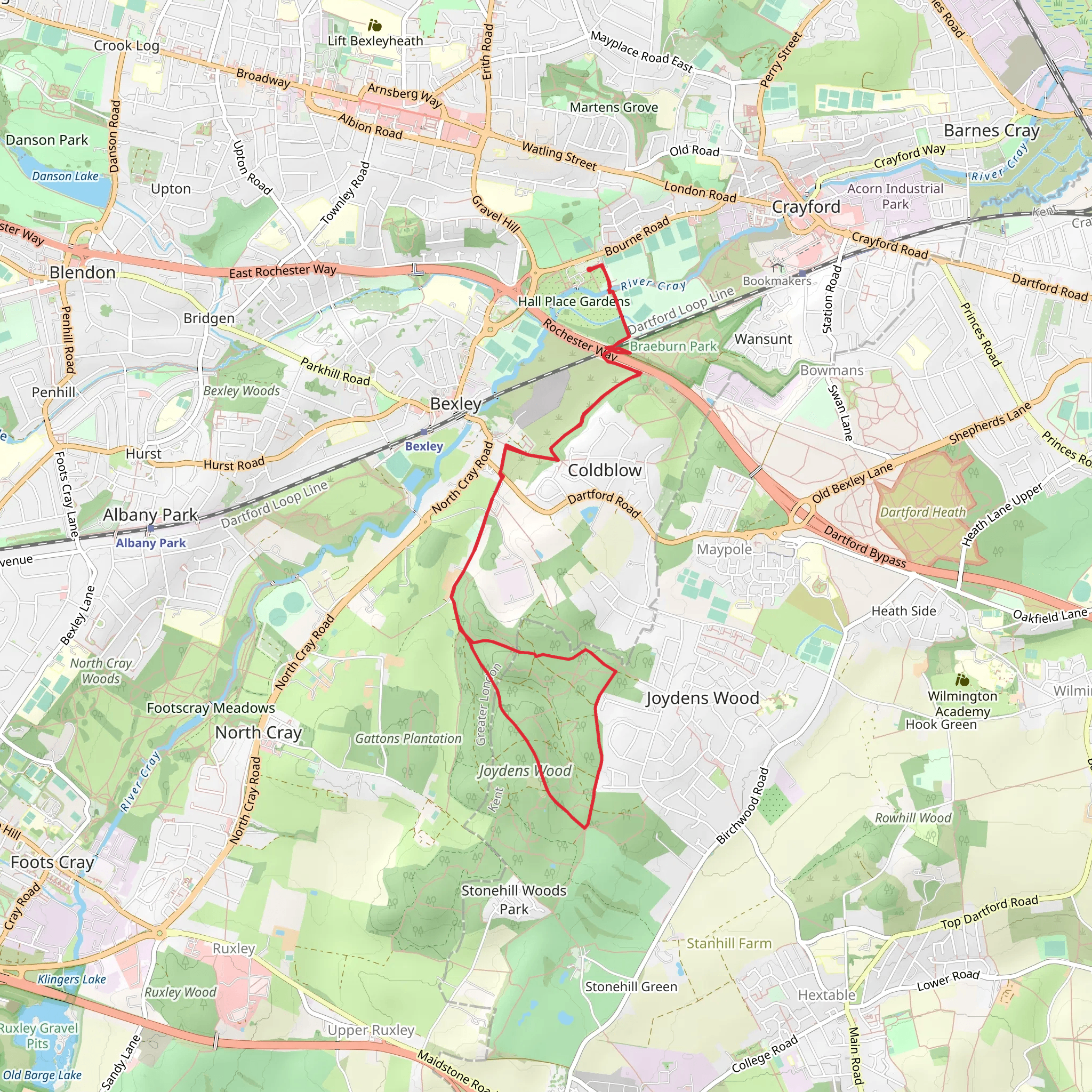 Joyden Wood Loop from Hall Place mobile static map