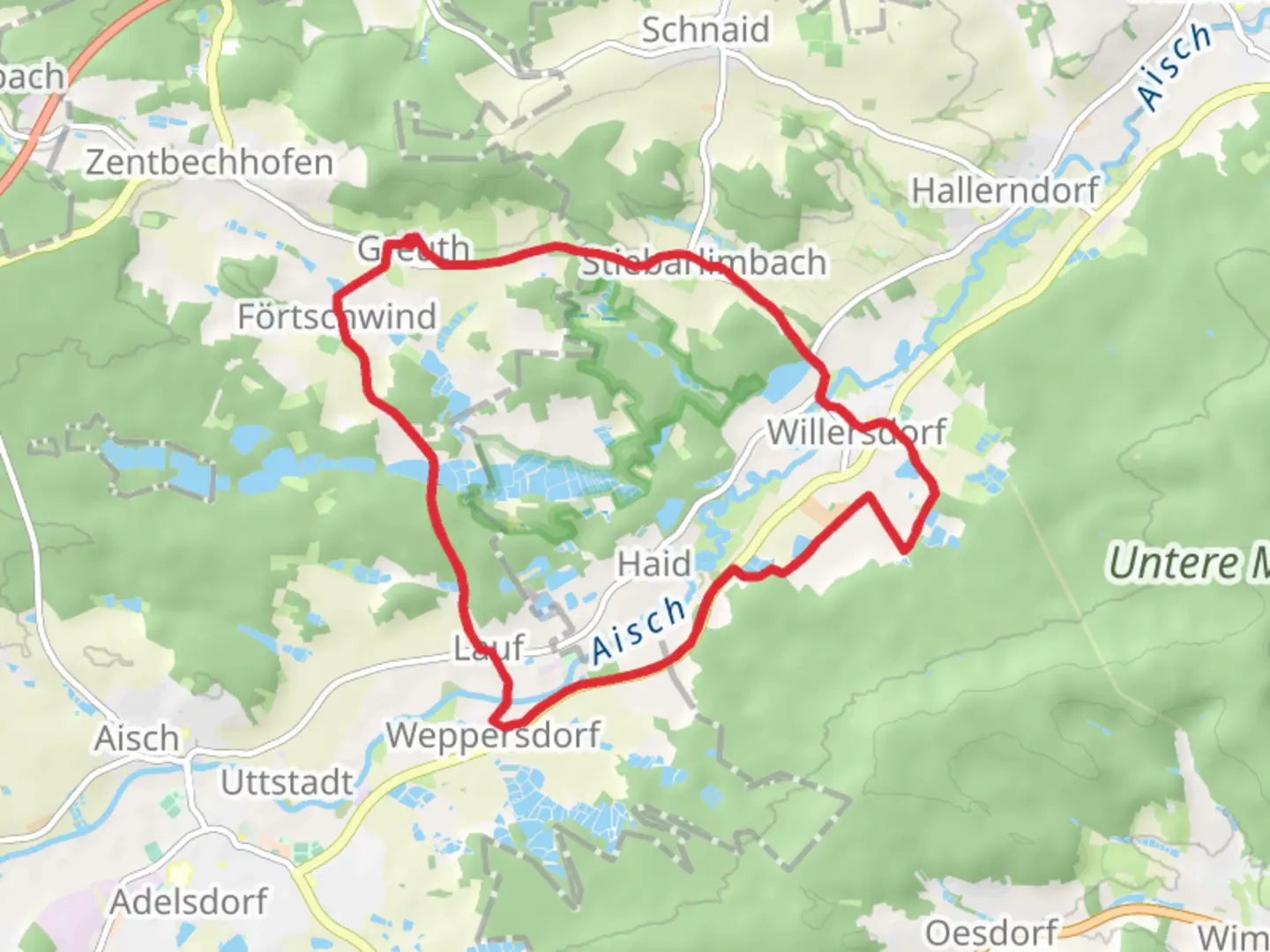 An image depicting the trail Langenbachgrund und Harrweiherkette Loop and its surrounding area.