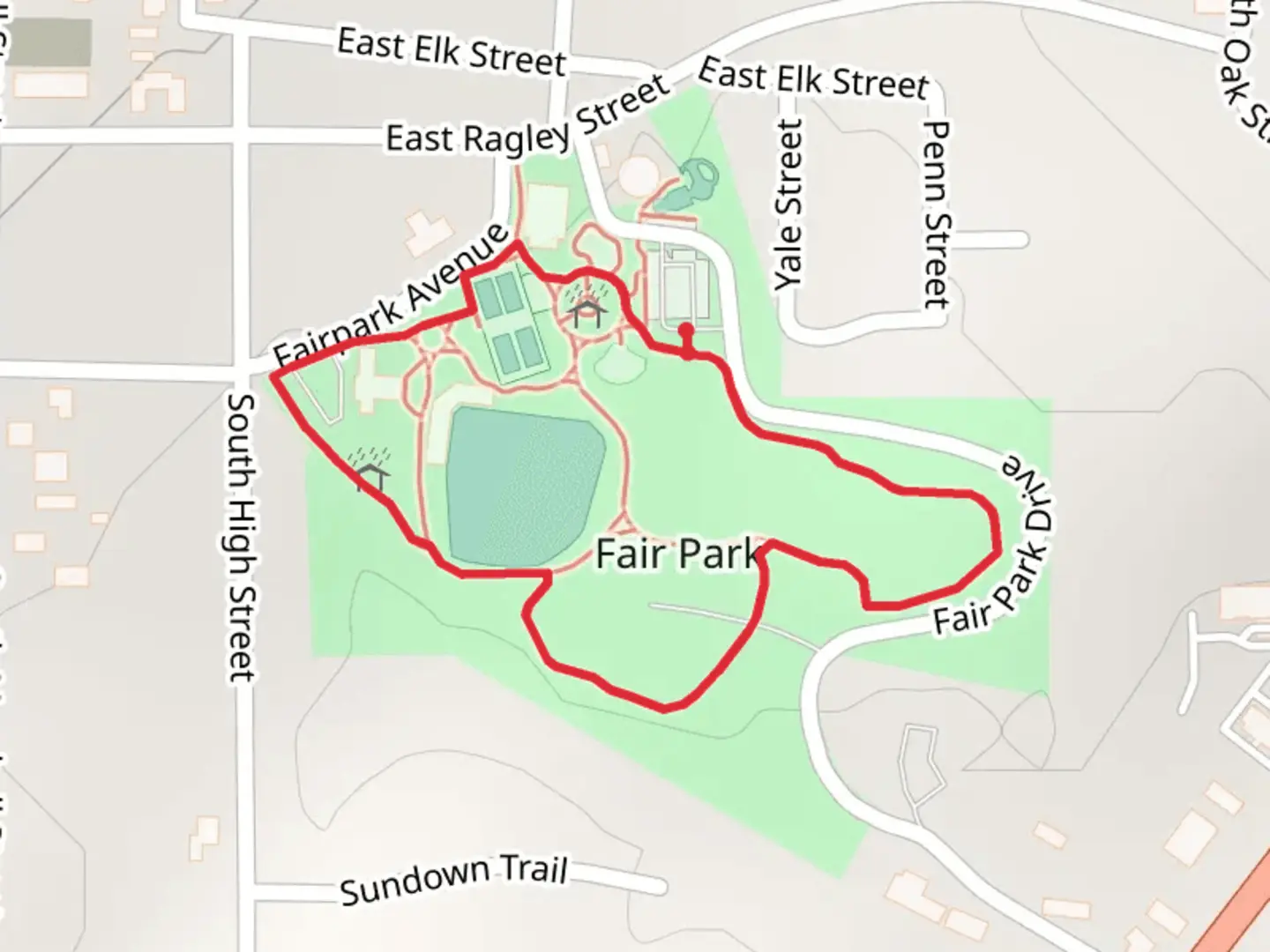 An image depicting the trail Fair Park Loop and its surrounding area.