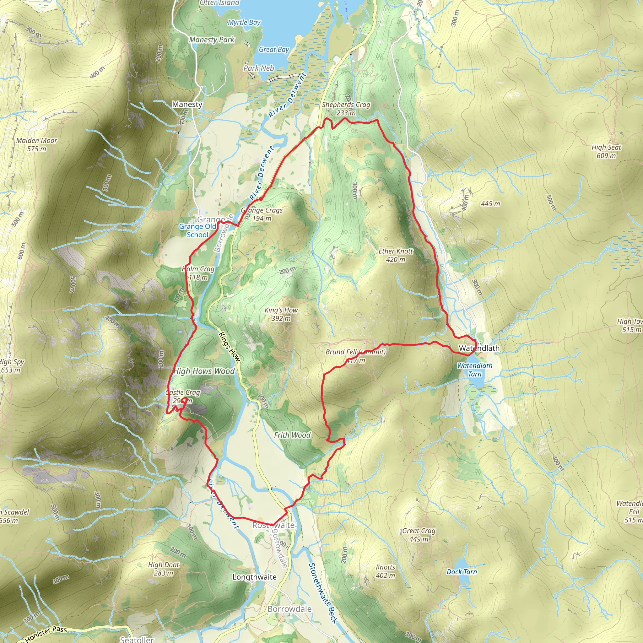 Castle Crag, Grange Fell, Watendlath Tarn and Moss Mire Loop mobile static map