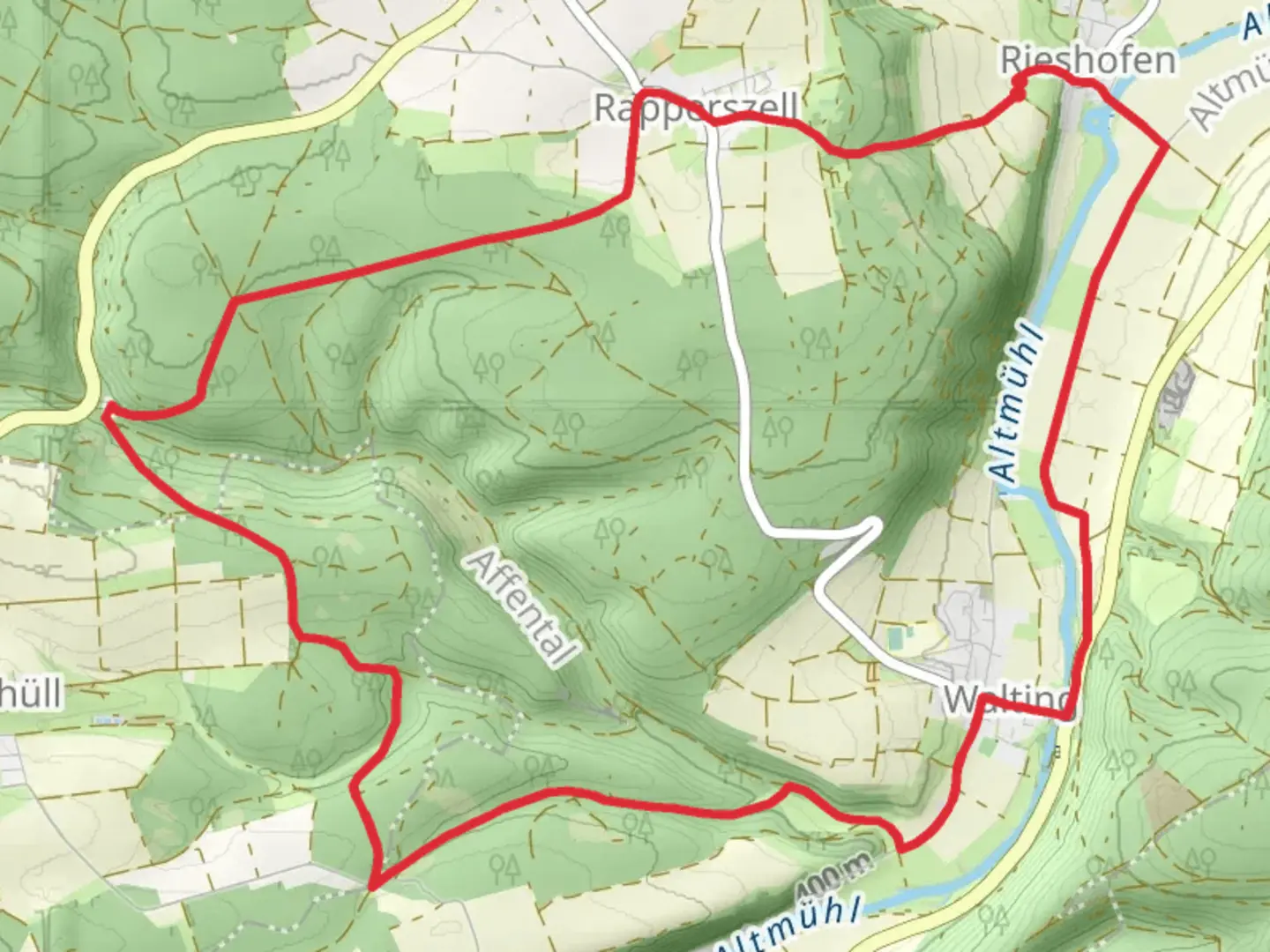 An image depicting the trail Altmuehl via Rundweg Walting 1 and its surrounding area.