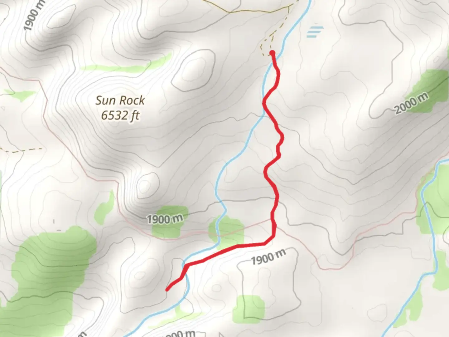 An image depicting the trail Bassi Trail Out and Back and its surrounding area.