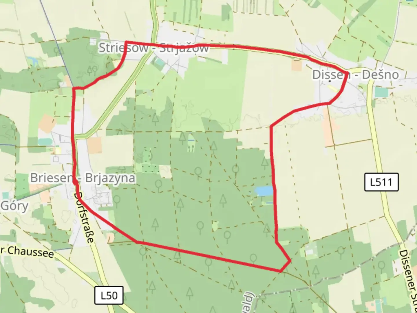 An image depicting the trail Rundwanderweg Striesow and Leichhardt Trail and its surrounding area.