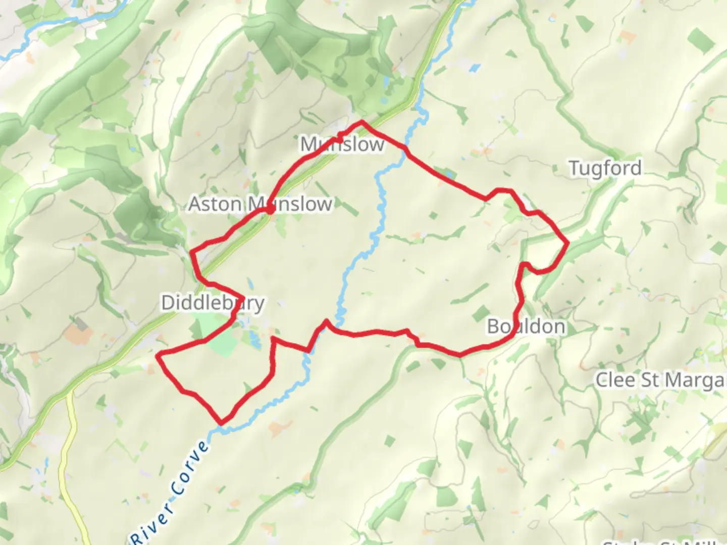 An image depicting the trail Aston Munslow, Bouldon and Diddlebury Loop via Broncroft Castle and its surrounding area.