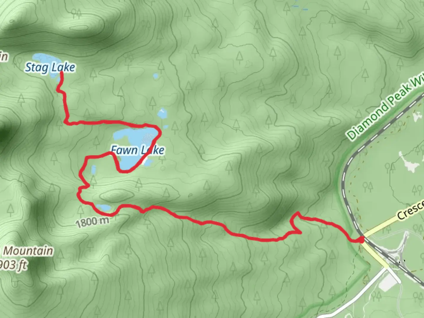 An image depicting the trail Fawn Lake, Stag Lake and Pretty Lake and its surrounding area.