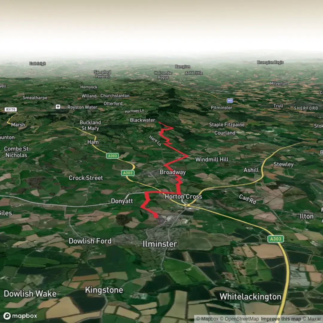 An image depicting the trail Ilminster to Castle Neroche motte and Bailey and its surrounding area.